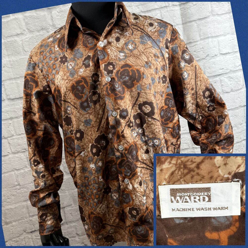 Vtg 70s Montgomery Ward Men's Medium Long Sleeve Button Up Disco Shirt Polyester